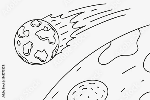 Asteroid approaching earth, line drawing, monochrome, for educational purposes