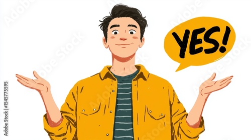Simple 2D flat illustration of a person nodding yes on white background, agreement gesture, clean vector art