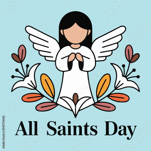 All Saints Day Illustration with Praying Angel, Lilies, and Floral Elements on a Blue Background


