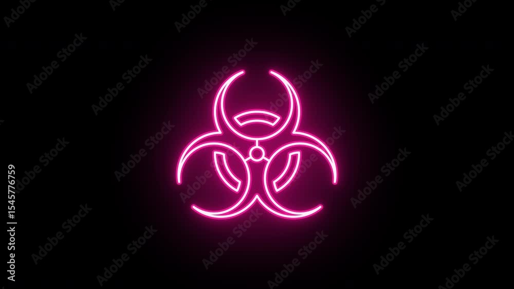 Neon biohazard sign, flickering emergence and fading. Glowing neon bio hazard icon, looped animation. Biological threat, infection warn, toxic waste area, danger zone. Red pink magenta colors