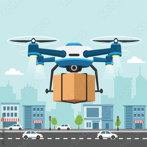 drone delivery flying with cardboard box, vector flat design