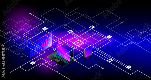 The concept of artificial intelligence technology. Mobile phones work together with  technology to help send and receive information,Vector  fantastic style