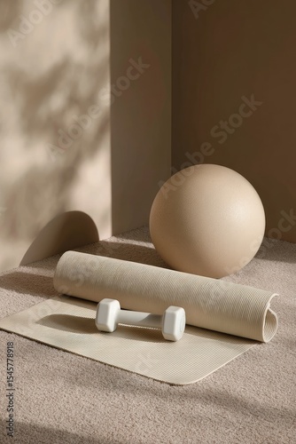 Neutral-toned exercise equipment?yoga mat, dumbbell, and medicine ball?rests on a plush carpet in a minimalist setting, subtly lit by dappled shadows