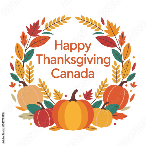 Happy Thanksgiving Canada Wreath Design with Autumn Leaves, Pumpkins, and Harvest Elements in a Circular Frame

