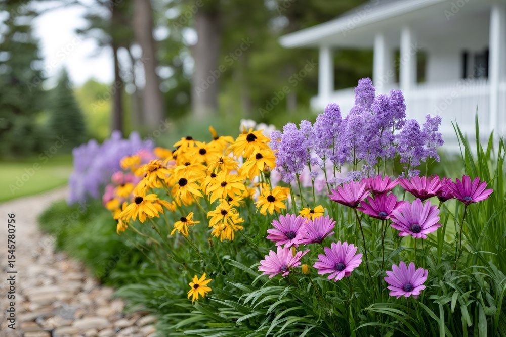 Obraz premium Colorful flowers blooming in a garden bordering a gravel path