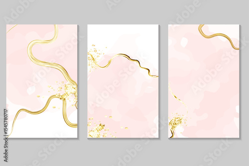 Abstract pink or apricot watercolor background with gold texture blush fluid painting