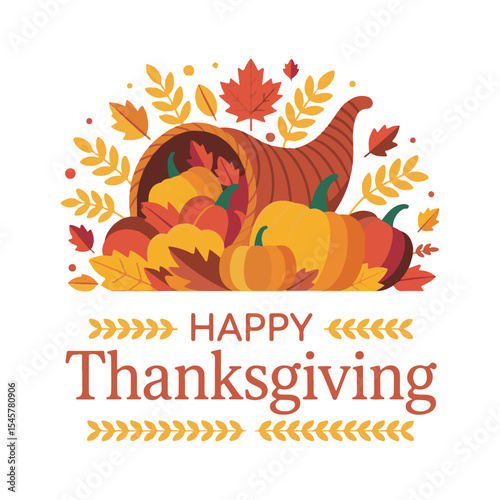 Happy Thanksgiving Cornucopia with Autumn Harvest and Foliage Illustration

