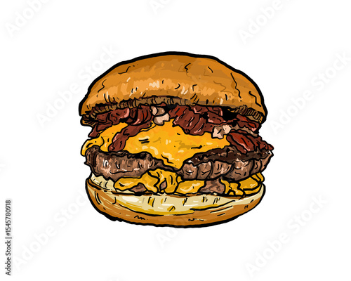 Vintage Cheeseburger Illustration with Bacon – Hand Drawn Retro Style.