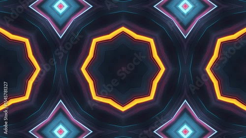 Hypnotic Neon Kaleidoscope: Abstract Light Patterns and Geometric Shapes.