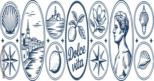 Elegant Italian Coastal Design featuring Lemons, Seashells, and a Charming Town Landscape perfect for Branding and Logo Design