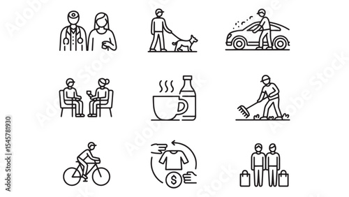 Vector Icons Set Everyday Life Activities, People, and Professions