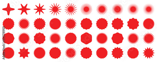Circle sticker set. Wavy edge promo red badges. sale or discount sticker, sunburst badges icon. Stars shape with different number of rays. Special offer price tag. Zig zag Wavy Edge Circle Shapes. 