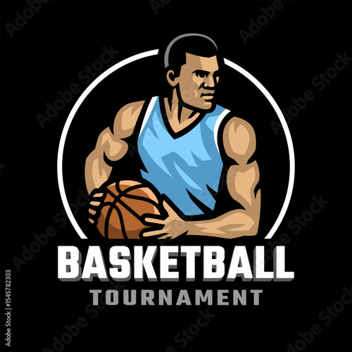 Logo of a basketball player with a ball in his hands on dark background.
