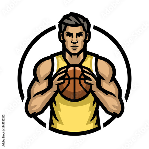 Logo of a basketball player with a ball in his hands.