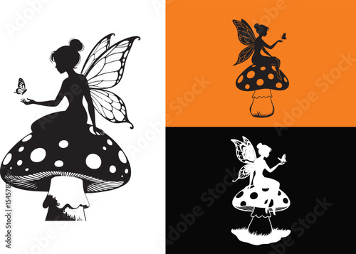 Fantasy fairy sitting on dotted mushroom playing with butterfly icon illustration