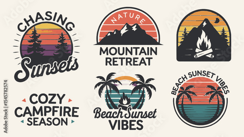 Retro Outdoor Adventure Badge Collection: Sunsets, Mountains, Campfires, and Beach Scenes with Vintage Color Palettes, Ideal for Travel Logos, Camping Graphics, and Nature-Inspired Designs