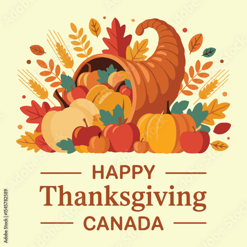 Happy Thanksgiving, Canada! Festive Cornucopia with Autumn Harvest Produce and Vibrant Fall Leaves
