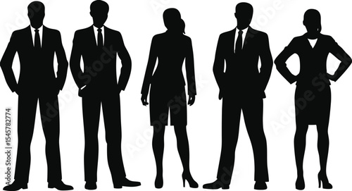 Business People Vector Silhouettes – Professional Men and Women Standing in Group Pose for Corporate Design