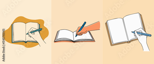 Illustrations of Hands Writing in Open Notebooks or Journals, Symbolizing Learning, Education, Creativity, Note-Taking, Planning, Study, and Personal Development
