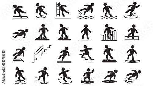 Safety Icons Set Fall Prevention, Trip Hazard, Slip Vector Illustrations