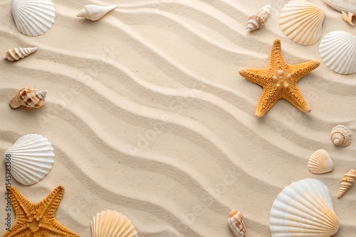 Seashell and Starfish Frame on Wavy Beach Sand Background for Summer Design