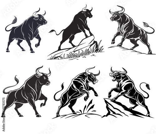 Aggressive Bull Vector Silhouettes – Powerful Animal Line Art for Logos & Tattoos