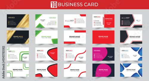 Ten modern and stylish business card templates with diverse designs and color schemes.