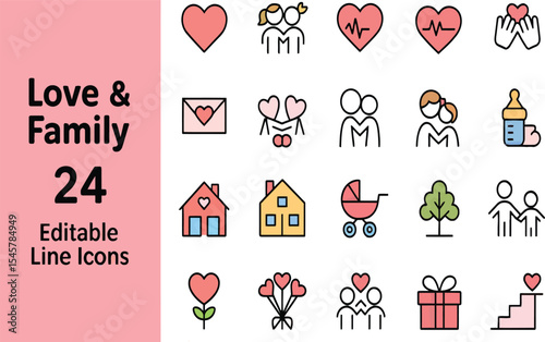 Lovely Family Line Icons Set Perfect for Branding Projects and Editable Designs Featuring Hearts, Home, and Baby Symbols