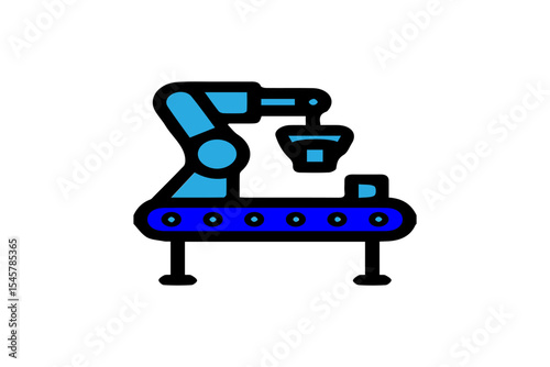 The image is a flat vector icon of a robotic arm working on a conveyor belt system, often found in industrial automation environments.
