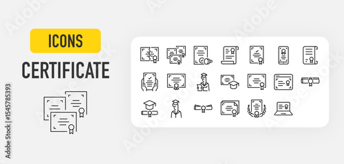 Certificate web icons in line style. Unofficial, Graduation, Diploma, Mobile, Graduation, Award, Web, Laptop collection. Vector illustration. 