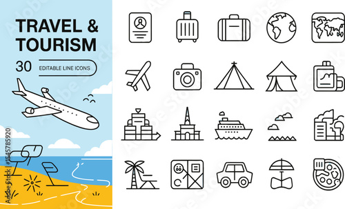 Editable Travel and Tourism Line Icons perfect for Branding Design Projects, Websites, and Mobile Applications