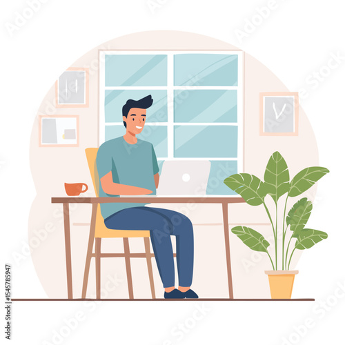 Vector of a young woman working remotely on a laptop from a balcony with a city view. Peaceful and modern home office setup, symbolizing remote work, comfort, and urban lifestyle