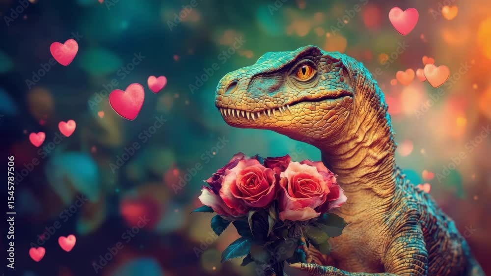 Dinosaur holding pink rose bouquet with heart shaped bokeh lights and floating heart shapes colorful romantic flower background full of love and charm