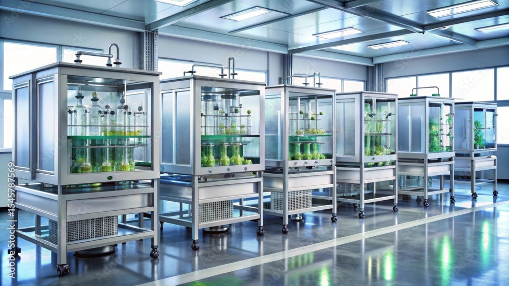Naklejka premium Advanced Bio-Agricultural Research Facility Showing Multiple Controlled Environment Units for Plant Growth Studies and Experiments