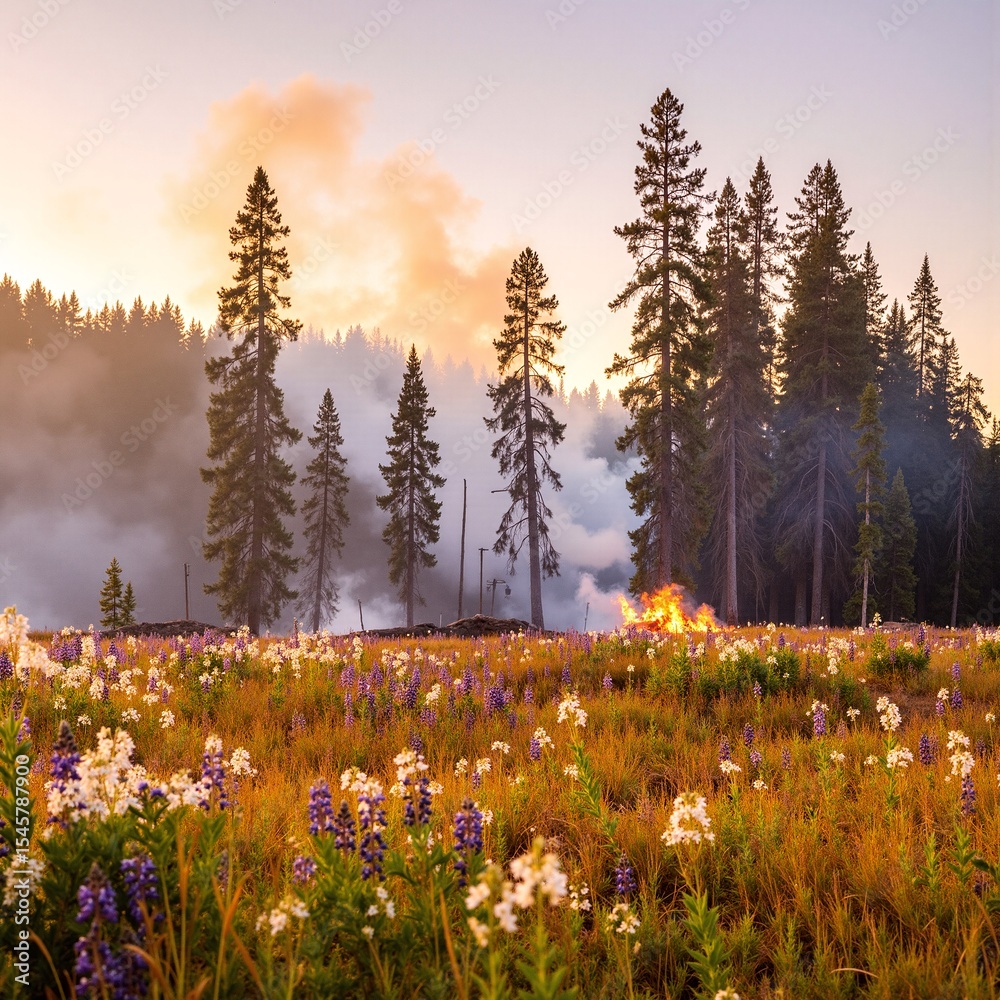 Obraz premium A vibrant field of colorful wildflowers sways gently in the breeze, with lush green trees standing tall in the soft-focus background under a clear blue sky.