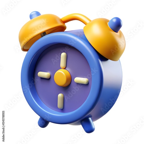 Cartoon 3d render of a blue and yellow alarm clock
