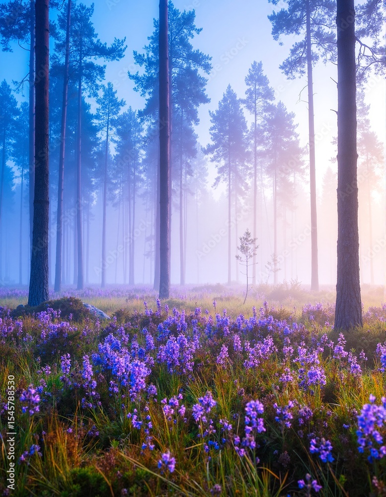 Naklejka premium A vibrant forest scene showcasing a carpet of delicate blue flowers blooming beneath tall, lush green trees, creating a serene and enchanting atmosphere.