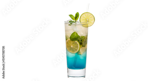 Blue Lagoon Mojito Cocktail with Lime and Mint Refreshing Highball Drink PNG Isolated