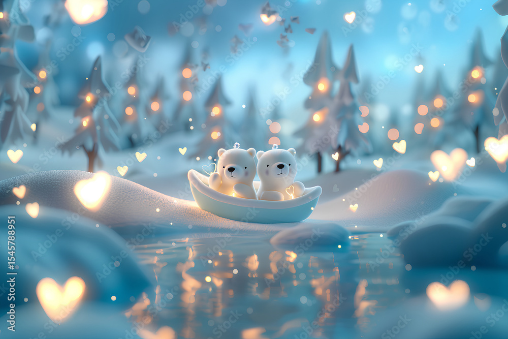 Fototapeta premium 雪の河をカヌーで降る2頭のシロクマくん（3D）