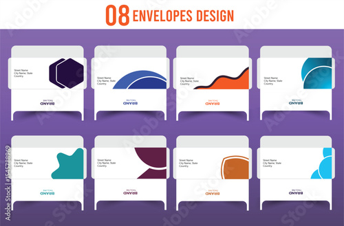 Eight unique envelope designs with modern graphics and color variations for business correspondence