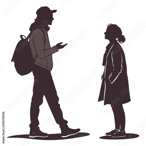 Silhouette of two people facing and talking, representing dialogue, connection, and communication