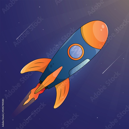 Cartoon rocket illustration with space background.