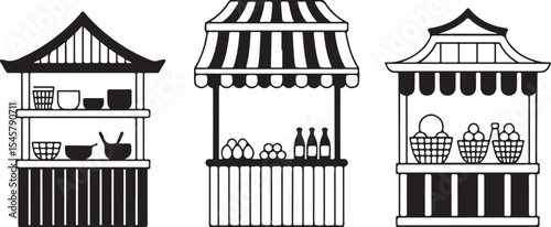 Market Stall Silhouette Vector Set Food Vendor Booth Graphic Illustration Art