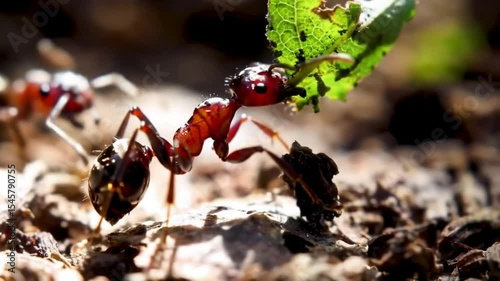 A close-up macro video of a leafcutter ant carrying a piece of green leaf across the forest floor. The footage captures the ant’s strength and behavior in sharp detail.