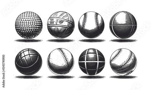 Modern vector illustration featuring a curated collection of eight different sports balls, Black and white ink drawings of eight different sports balls arranged, easily editable.