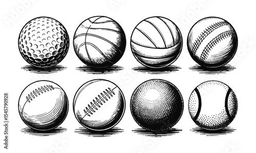 Modern vector illustration featuring a curated collection of eight different sports balls, Black and white ink drawings of eight different sports balls arranged, easily editable.