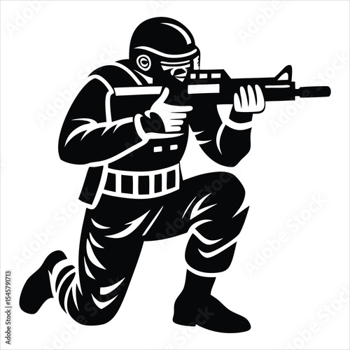soldier silhouette, Military soldier saluting silhouette vector illustration, black silhouette of an soldier kneeling and aiming a rifle, against a white background