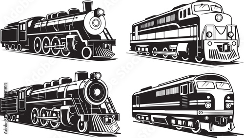 Silhouetted Trains Posing in Various Positions and Styles Vector Art