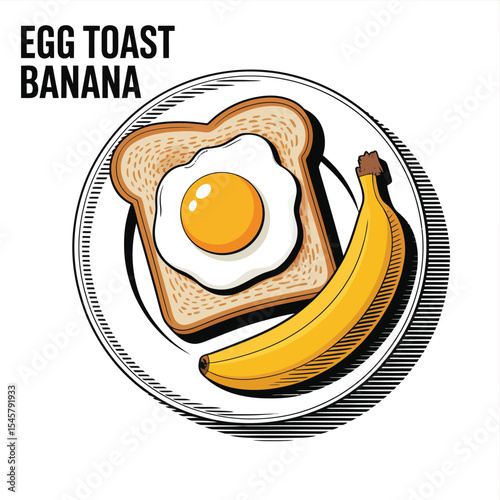 Fried Egg Toast Banana Breakfast Plate Illustration