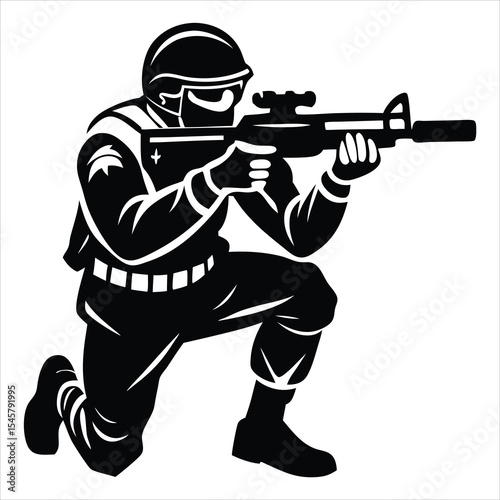 soldier silhouette, Military soldier saluting silhouette vector illustration, black silhouette of an soldier kneeling and aiming a rifle, against a white background